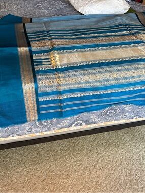 KANJIVARAM SILK SAREE BLUE/ GOLD SOUTH INDIAN SILK WITH DOUBLE BORDERS NO BLOUSE